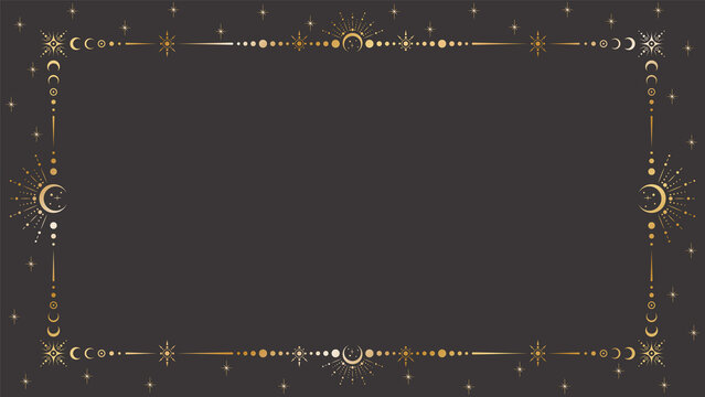Vector mystic celestial golden frame with stars, moon phases, crescents, beams and a copy space. Ornate magical background with shiny corners. Banner with an elegant border and a place for text