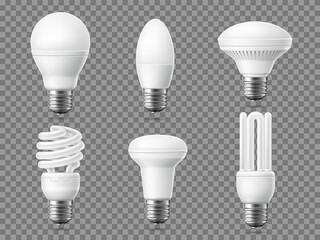 Realistic led light bulb. Modern energy saving lamps, 3d fluorescent objects, different shapes electricity elements. Responsible energy use, ecology vector isolated set
