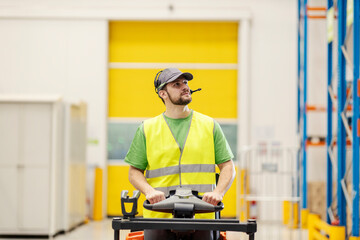 A post express worker driving forklift in facility.