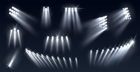 Stadium spotlights. Football field directional light sources, realistic searchlights. Illuminated studio and arena stage lamps, different directions projector, vector isolated set - obrazy, fototapety, plakaty
