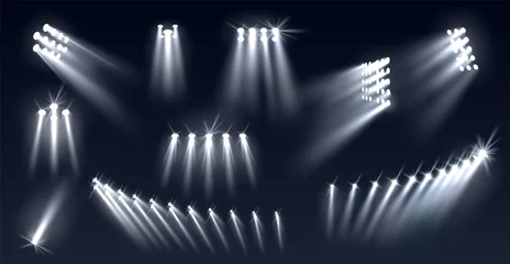 Rolgordijnen Stadium spotlights. Football field directional light sources, realistic searchlights. Illuminated studio and arena stage lamps, different directions projector, vector isolated set © YummyBuum