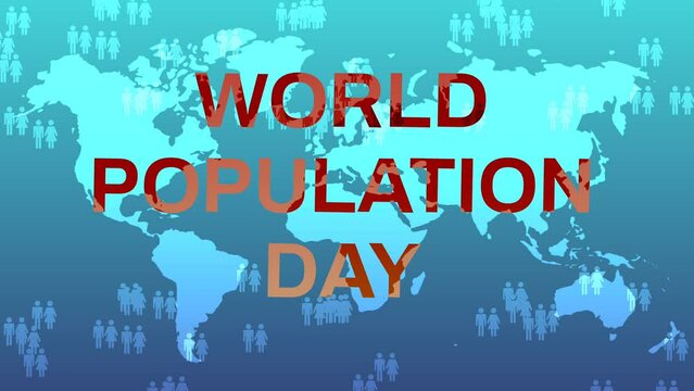 World population day word line isolated on blue Earth and moving human sigh.