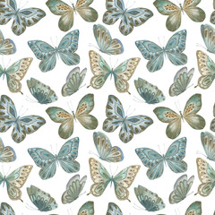 Watercolor seamless pattern with butterflies. Insect print on white background. Hand drawn illustration