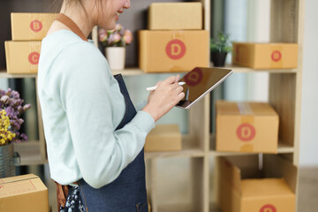 A portrait of a small startup, an SME owner, an Asian female entrepreneur checking orders to arrange the produce before packing the products in the inner boxes with the customers. Freelance concepts