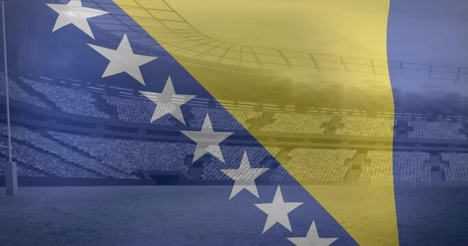 Animation of flag of bosnia and herzegovina over sports stadium