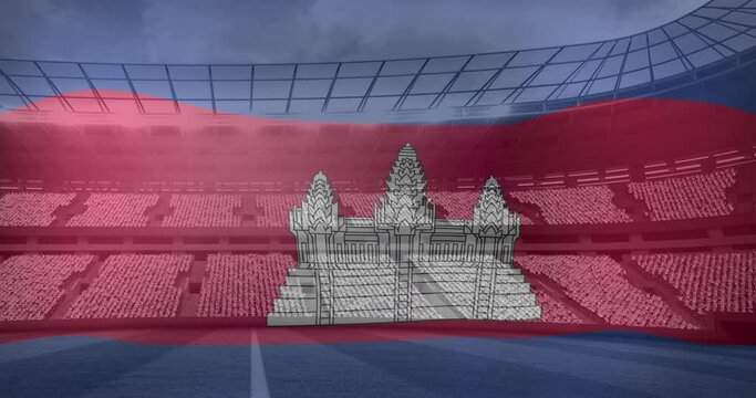 Animation of flag of cambodia over sports stadium