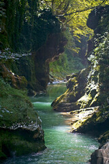 Fototapeta na wymiar Martvili canyon in Georgia. Beautiful natural canyon and amazing waterfall of the mountain river