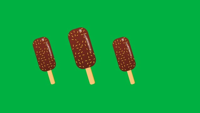3D ice candy swinging animation isolated on green screen. Concept for chocolate lovers, ice food and flavour.