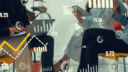 Business people in corporate staff meeting with envisional graphic . Concept of digital technology for marketing data analysis and investment decision making .