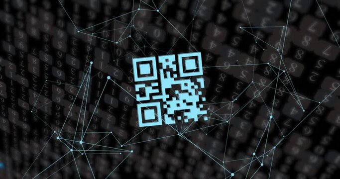 Animation of network of connections and qr code with icons over dark background