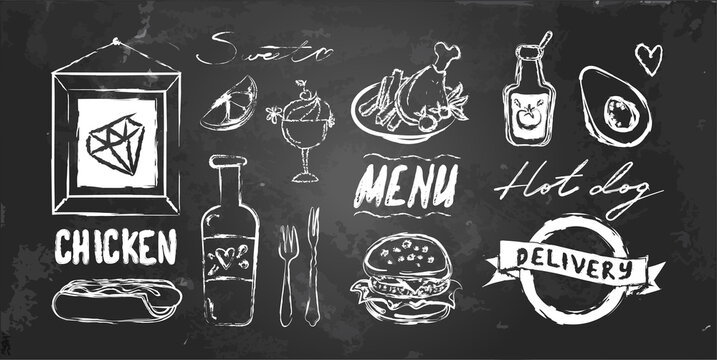 Vector set of fastfood's elements with decorations. Illustration of cafe menu with foods, drinks, frame, ribbon, logo. Chalk effect on blackboard. Isolated object on blackboard. Hand written words.