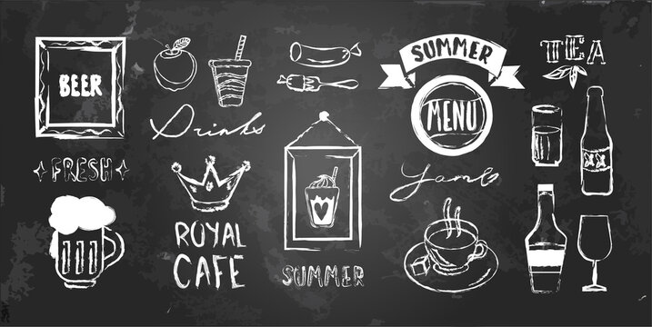 Vector set with chalk drawing elements of fastfood cafe, decorations and frames, drinks menu restaurant, hand written words, chalkboard interior design Chalk effect illustration isolated on blackboard