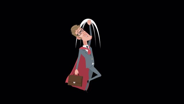 Cartoon elegant businessman superhero character in red cape flies up animation with alpha channel