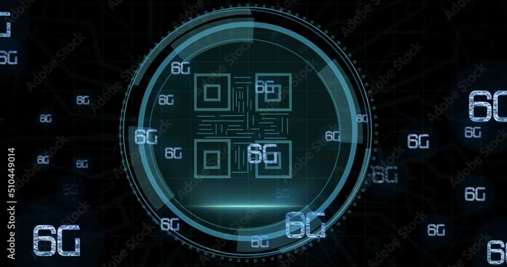 Poster animation of cyber security and qr code in circle over 6g on black background