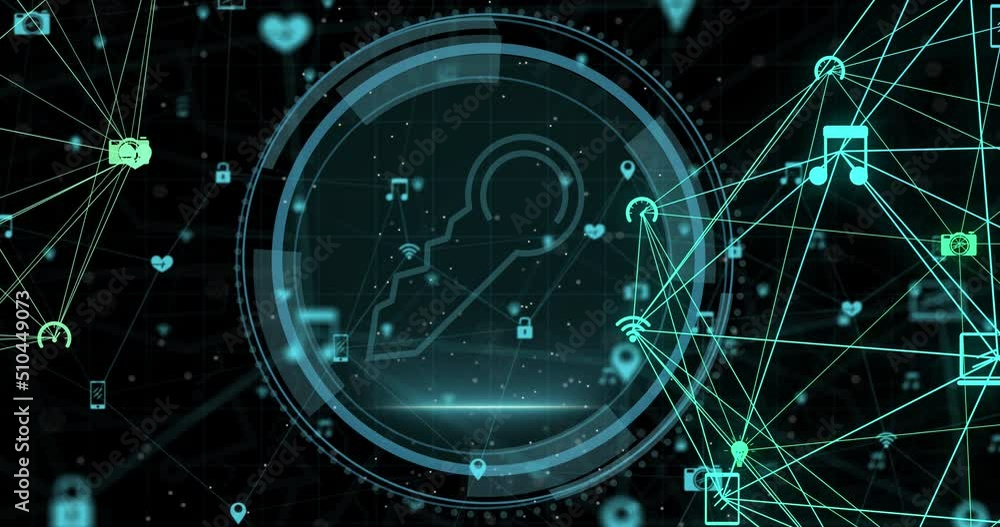 Poster animation of cyber security and key in circle over network of connections on black background