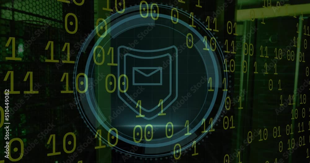 Poster animation of cyber security and shield with email in circle over binary code on black background