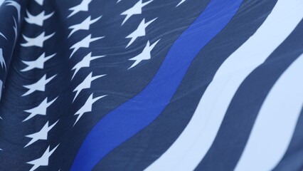 Black white american monochrome flag with blue stripe or line, police support. Solid star-spangled...