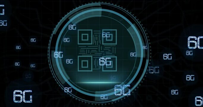 Animation of cyber security and qr code in circle over 6g on black background