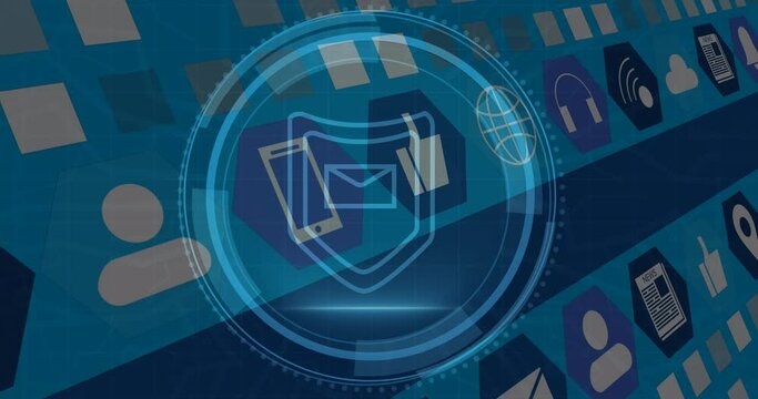 Animation of cyber security and shield with email in circle over icons on blue background