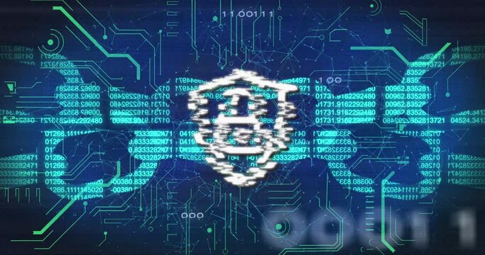Animation of digital shield with padlock and block chain over binary code and navy background