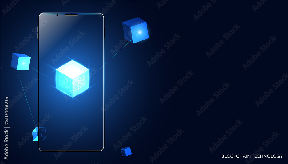 Poster abstract blockchain technology cryptocurrency and fintech square cube and phone crypto operations co