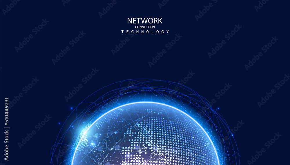 Poster abstract global dot network circle digital connection and communication futuristic on blue backgroun