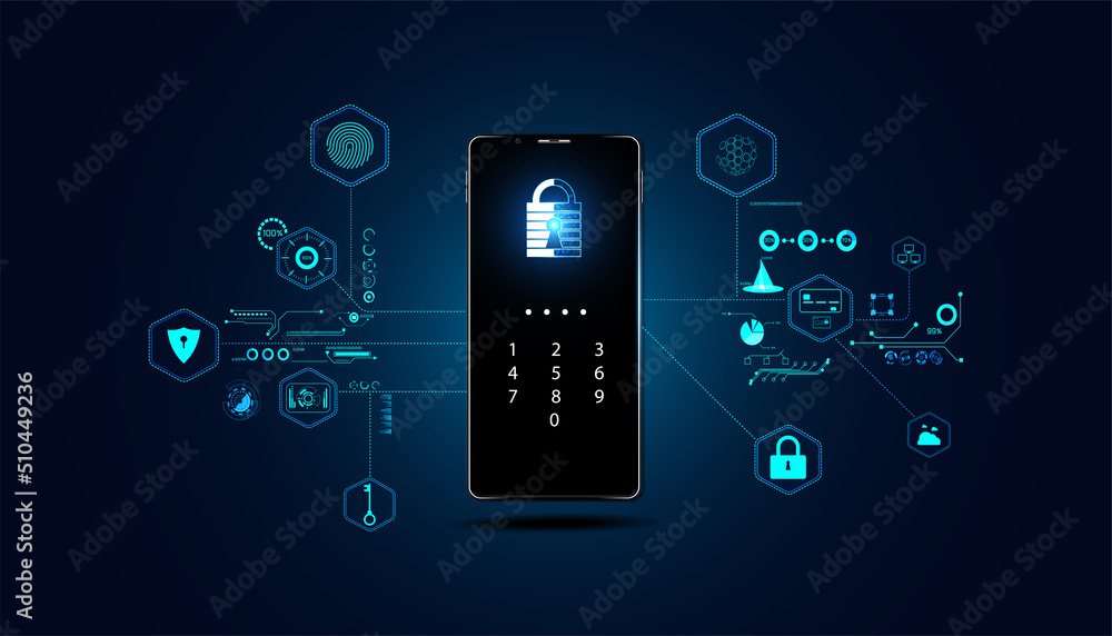 Poster abstract technology cyber security privacy information network concept padlock code on phone protect