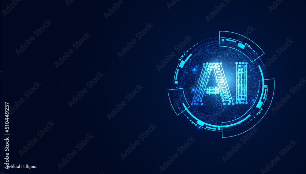 Poster abstract artificial intelligence on atomic and technology background with computer systems circuit b
