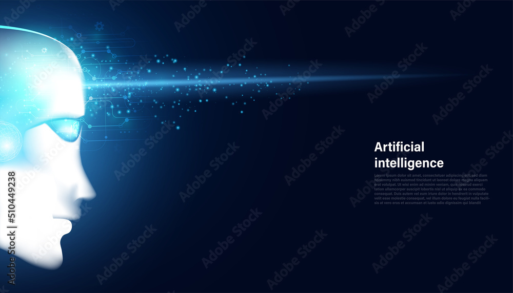 Poster abstract smart artificial intelligence digital futuristic technology face with light wireframe blue 