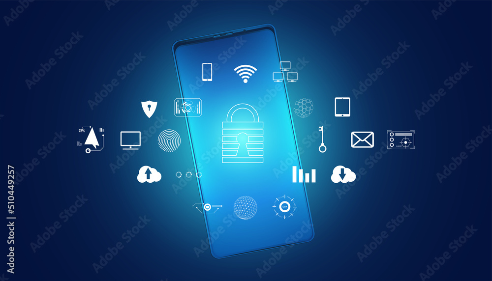 Poster abstract cyber security with phone and icons concept and internet protection systems data importing 