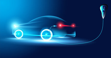 Abstract speed electric cars In the illustration, electric cars are powered by electric energy. Future energy.on blue background