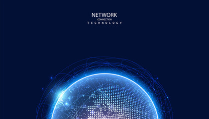 abstract global dot network circle digital connection and communication futuristic on blue background.