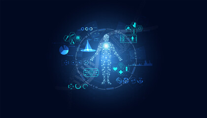Abstract, healthcare, innovation, medical research, concept, dna, medical icon Gene editing technology interface laboratory using AI robots on blue background. Vector illustration.
