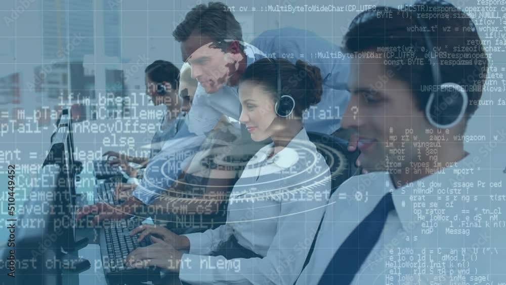 Poster animation of data processing and globe over diverse business people using phone headsets