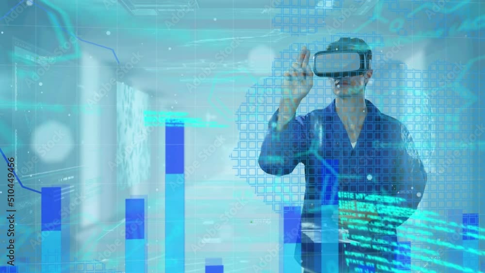Poster animation of data processing over caucasian businessman using vr headset
