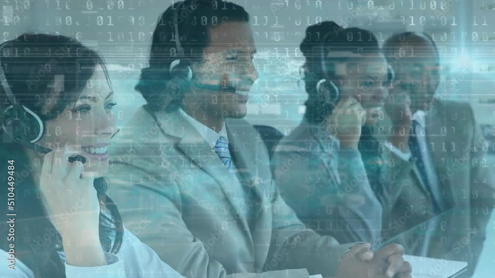 Poster animation of data processing and interference over diverse business people using phone headsets