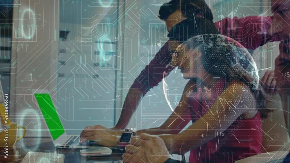 Aufkleber animation of computer circuit board and data processing over diverse business people in office