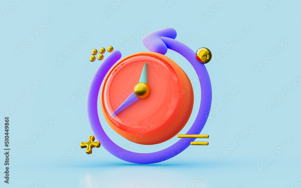 Poster clock with rotation arrow 3d illustration cartoon look time remained reload for work and rest