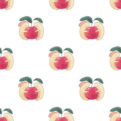 Worms on the red apple watercolor seamless pattern on white background