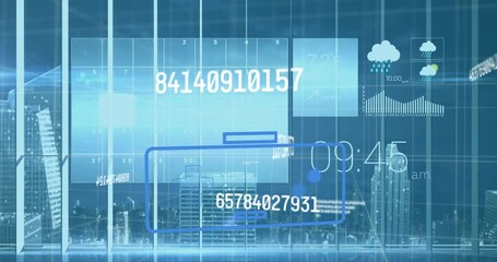 Animation of gamepad icon over data processing and cityscape - Powered by Adobe
