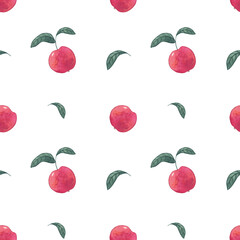 Red apples watercolor seamless pattern on white background