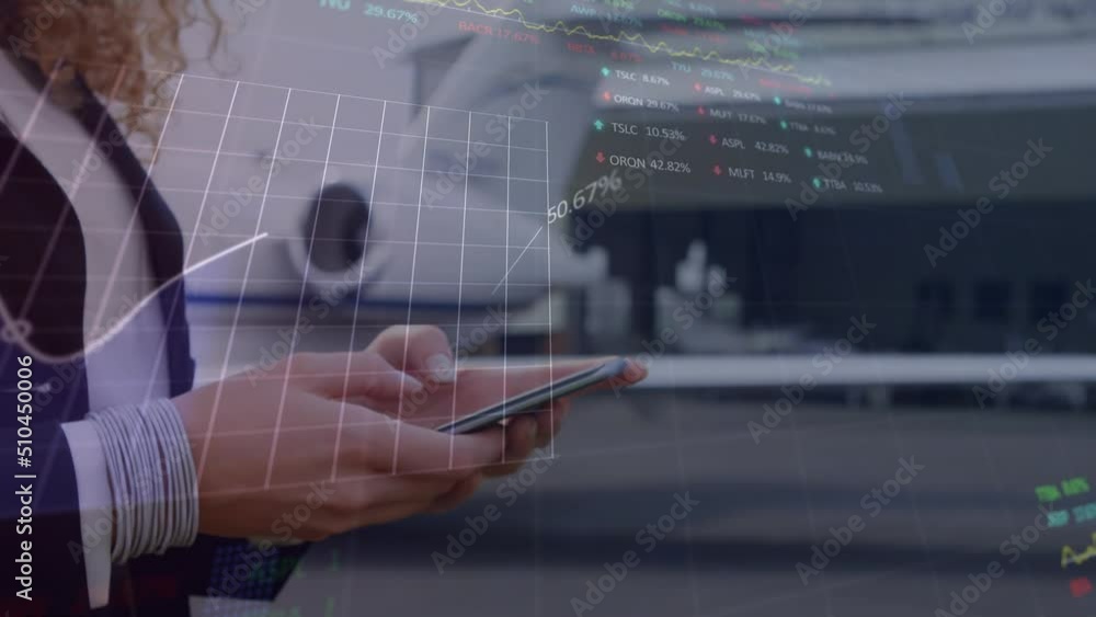 Poster animation of data processing over caucasian businesswoman using smartphone