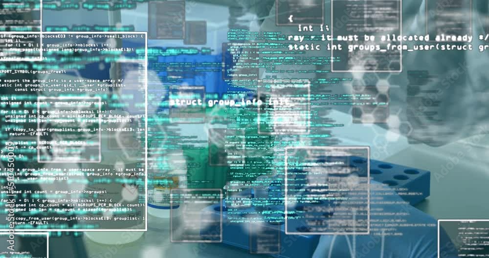 Poster animation of chemical formula and data processing over scientist in lab