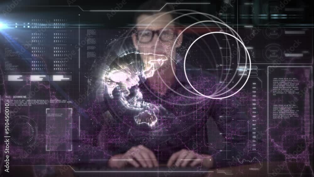 Poster animation of circles and globe over caucasian businessman and data processing