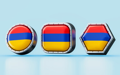 3d render Flag signs of Armenia in three different shape frame, circle, square and hexagon