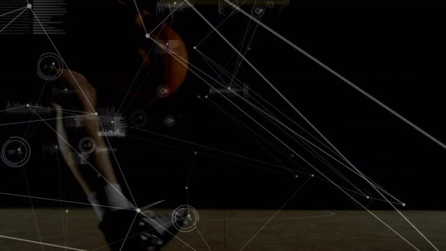 Animation of network of connections and data processing over biracial basketball player