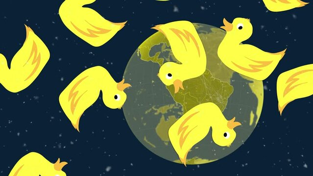 Animation of duck icons and snow falling over globe on black background