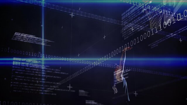 Animation of data processing and light trails over biracial basketball player