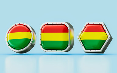 3d render Flag signs of Bolivia in three different shape frame, circle, square and hexagon