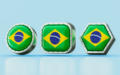 3d render Flag signs of Brazil in three different shape frame, circle, square and hexagon